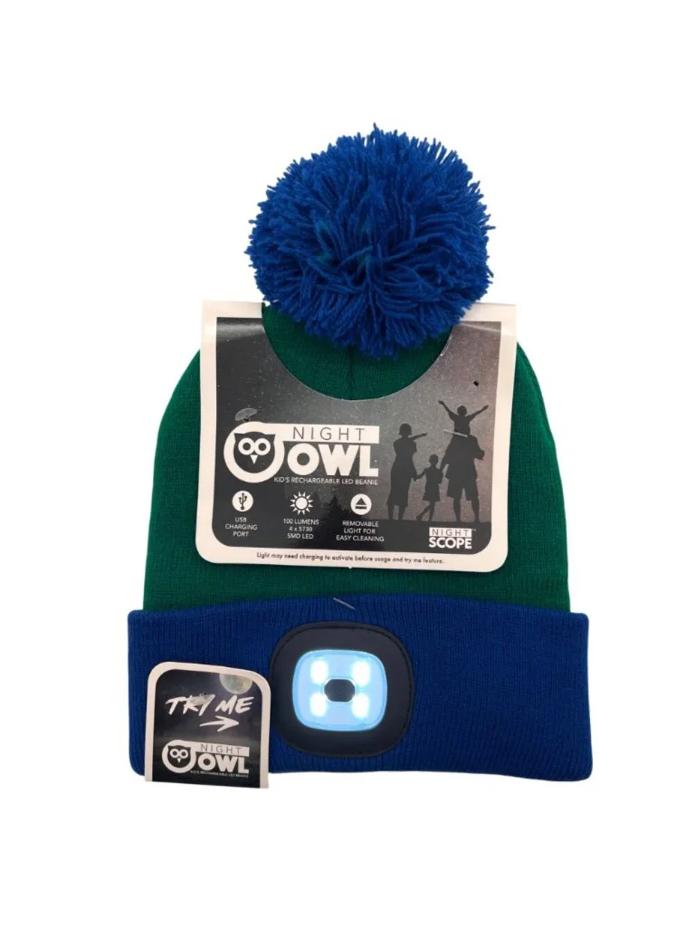 Night Owl Kids Rechargeable LED Beanie Hat Green & Blue With USB Charging Port